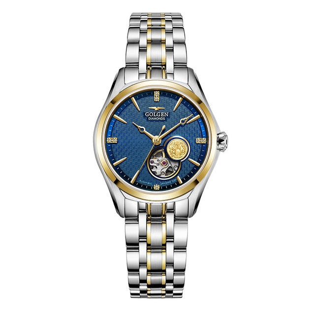 GOLGEN Couple Mechanical Watches Lovers Stainless Steel Simple Elegant Men Women Skeleton Dial Wristwatch