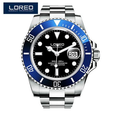 New LOREO Water Ghost Series Classic Blue Dial Luxury Men Automatic Watches Stainless Steel 200m Waterproof Mechanical Watch detail view