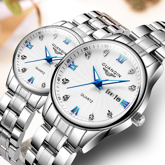 GUANQIN Couple Watch Set Men Women lovers Watch Stainless Steel Date Luxury Gold Quartz Watch Women Clock Ladies Wrist Watch detail view