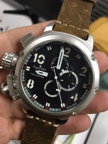 Brand New Automatic Mechanical Men's U CHRONOMETER U1001 Watch U-51 Chimera Silver Aged Brown Cow Leather Boat Watch Black Gold