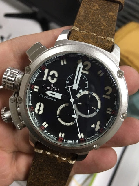 Brand New Automatic Mechanical Men's U CHRONOMETER U1001 Watch U-51 Chimera Silver Aged Brown Cow Leather Boat Watch Black Gold detail view