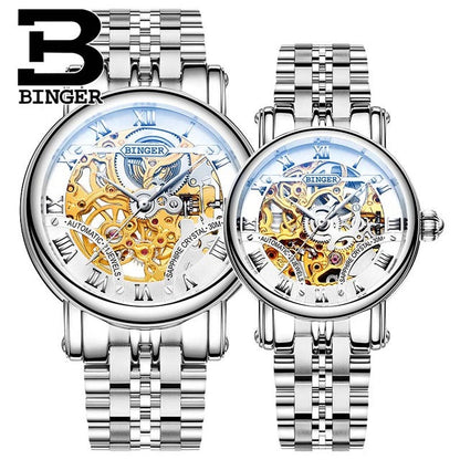 BINGER Couple Automatic Watch Men Skeleton Mechanical Watch For Women Wristwatch Stainless Steel Strap Waterproof Watch B-5066M