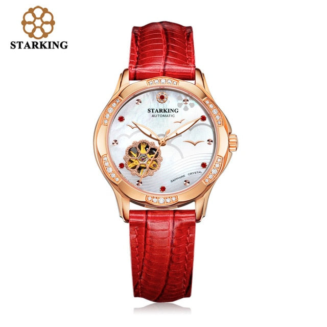 STARKING 34mm Automatic Watch Rose Gold Steel Case Vogue Dress Watches Skeleton Transparent Watch Women Mechanical Wristwatches detail view
