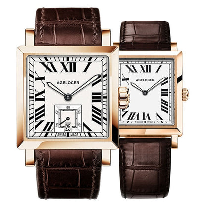 Agelocer Couple Watches for Men Women Square Quartz Watches Genuine Leather Band Waterproof Watches 3301-3401