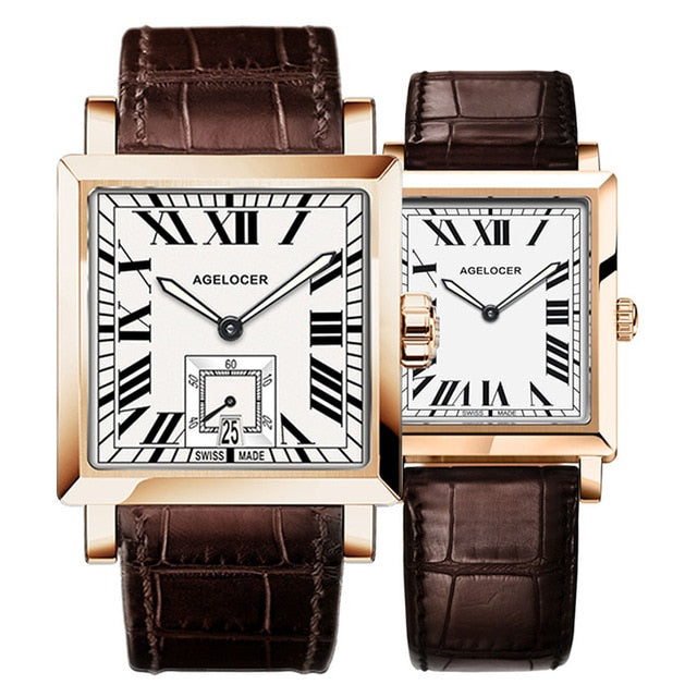 Agelocer Couple Watches for Men Women Square Quartz Watches Genuine Leather Band Waterproof Watches 3301-3401 detail view
