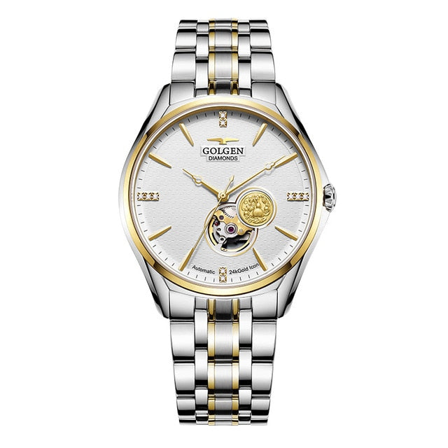 GOLGEN Couple Mechanical Watches Lovers Stainless Steel Simple Elegant  Men Women Skeleton Dial Wristwatch detail view