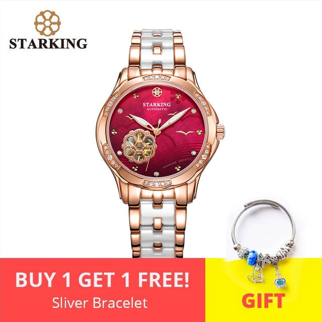 STARKING Automatic Lady Watch Rose Gold Steel Case Vogue Dress Watches Bracelet Set Skeleton Transparent Watch Women detail view